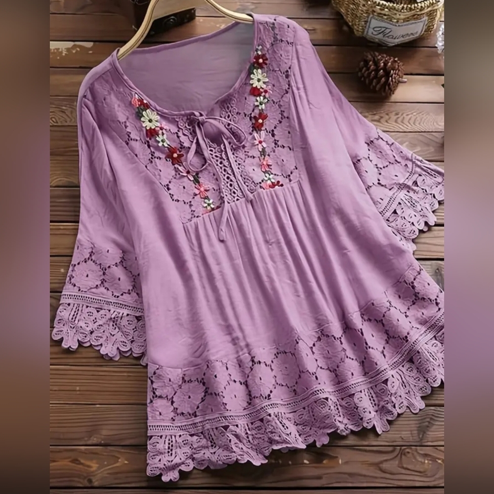 Elegant Plus-Size Blouse with a V-Neck and Lace Details